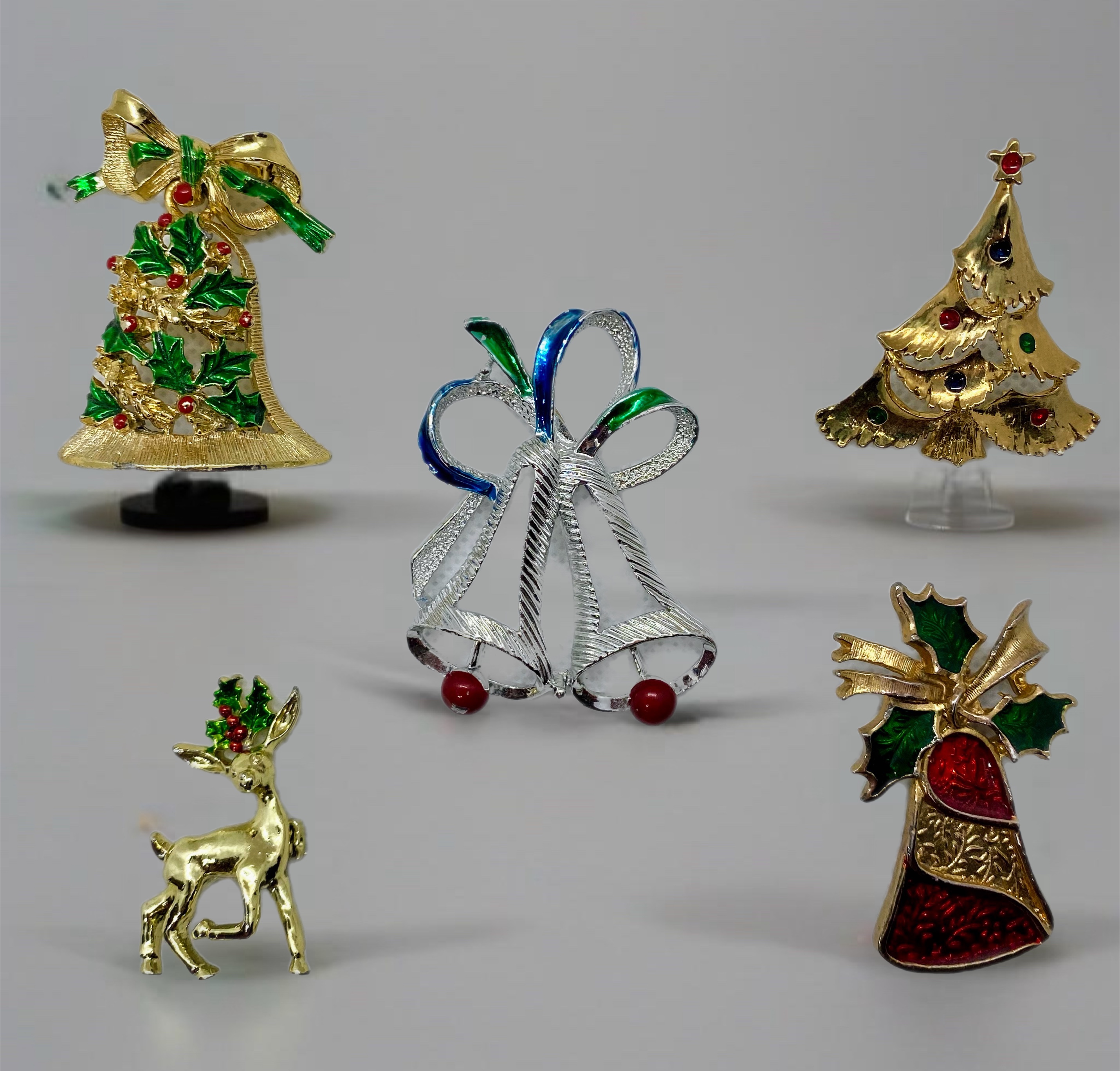 Vintage Gerry’s Christmas Brooch Set – 5 Holiday Pins: Bells, Reindeer, tree