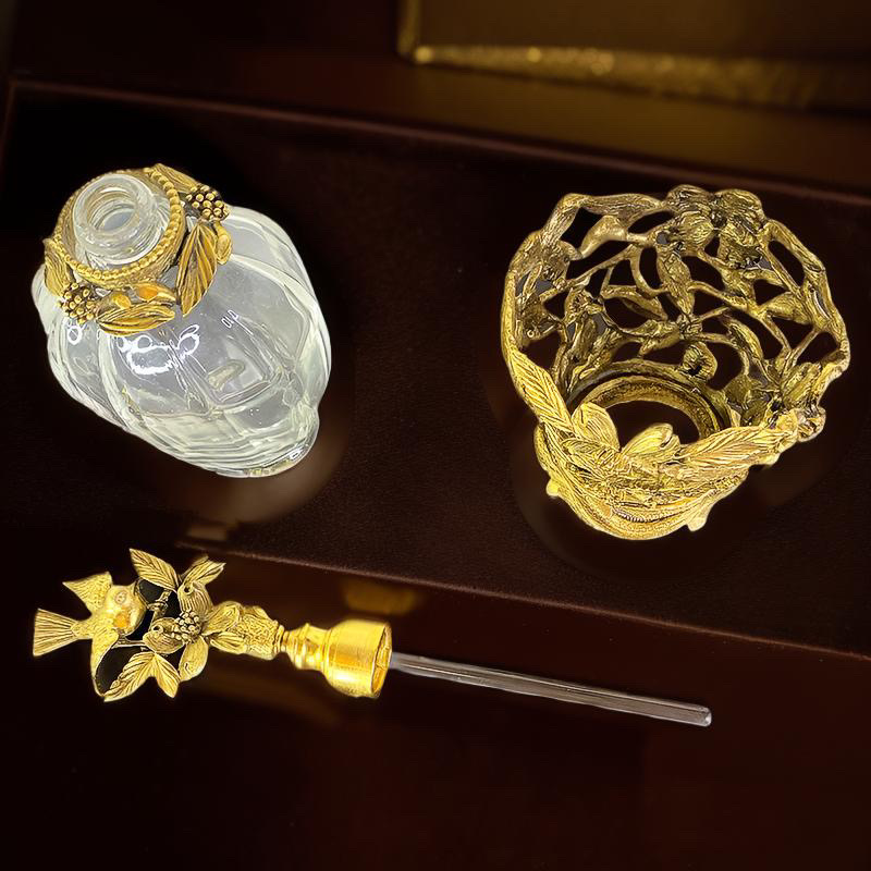 Matson Dogwood And Bird Gold Ormolu Fluted Crystal Perfume Bottle