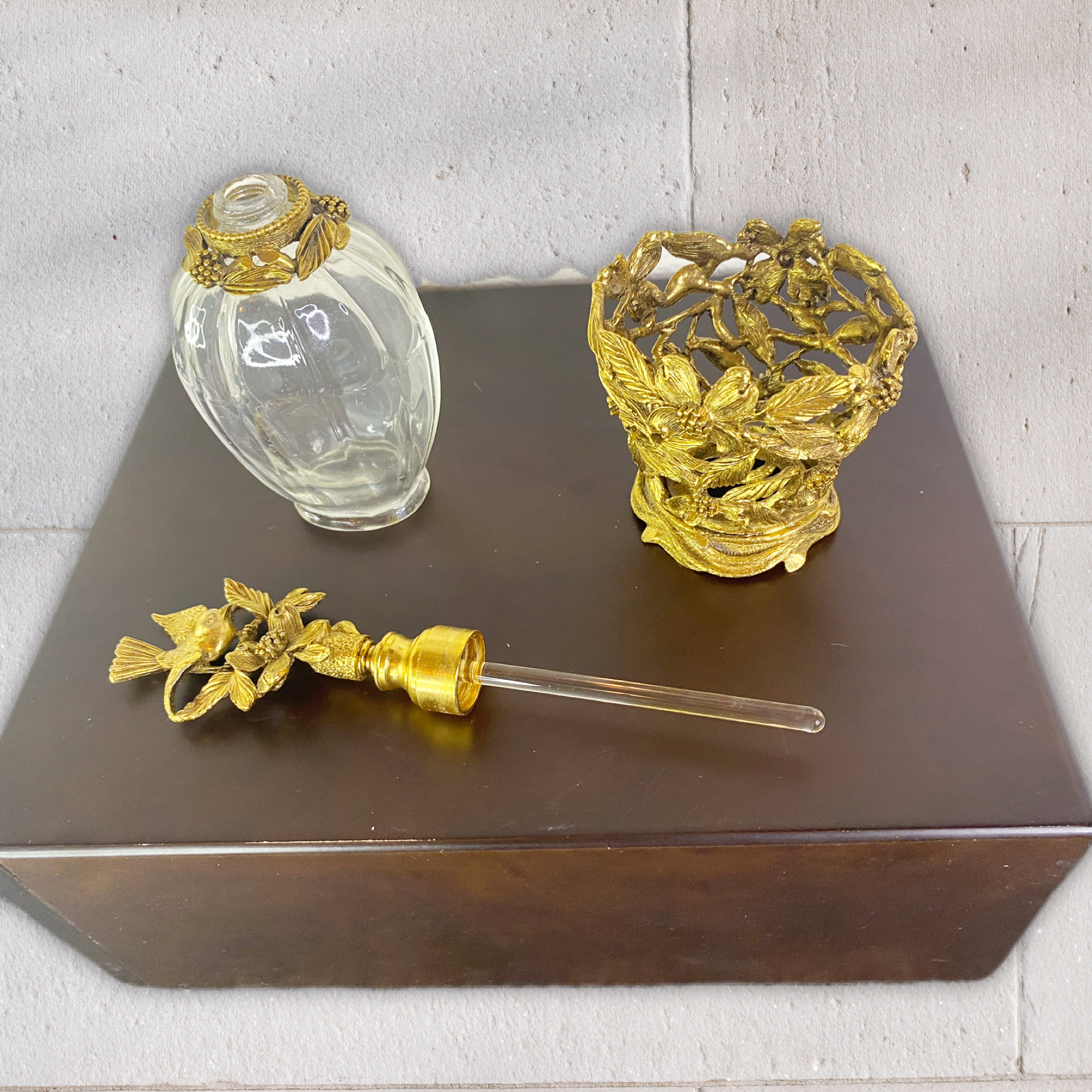 Matson Dogwood And Bird Gold Ormolu Fluted Crystal Perfume Bottle