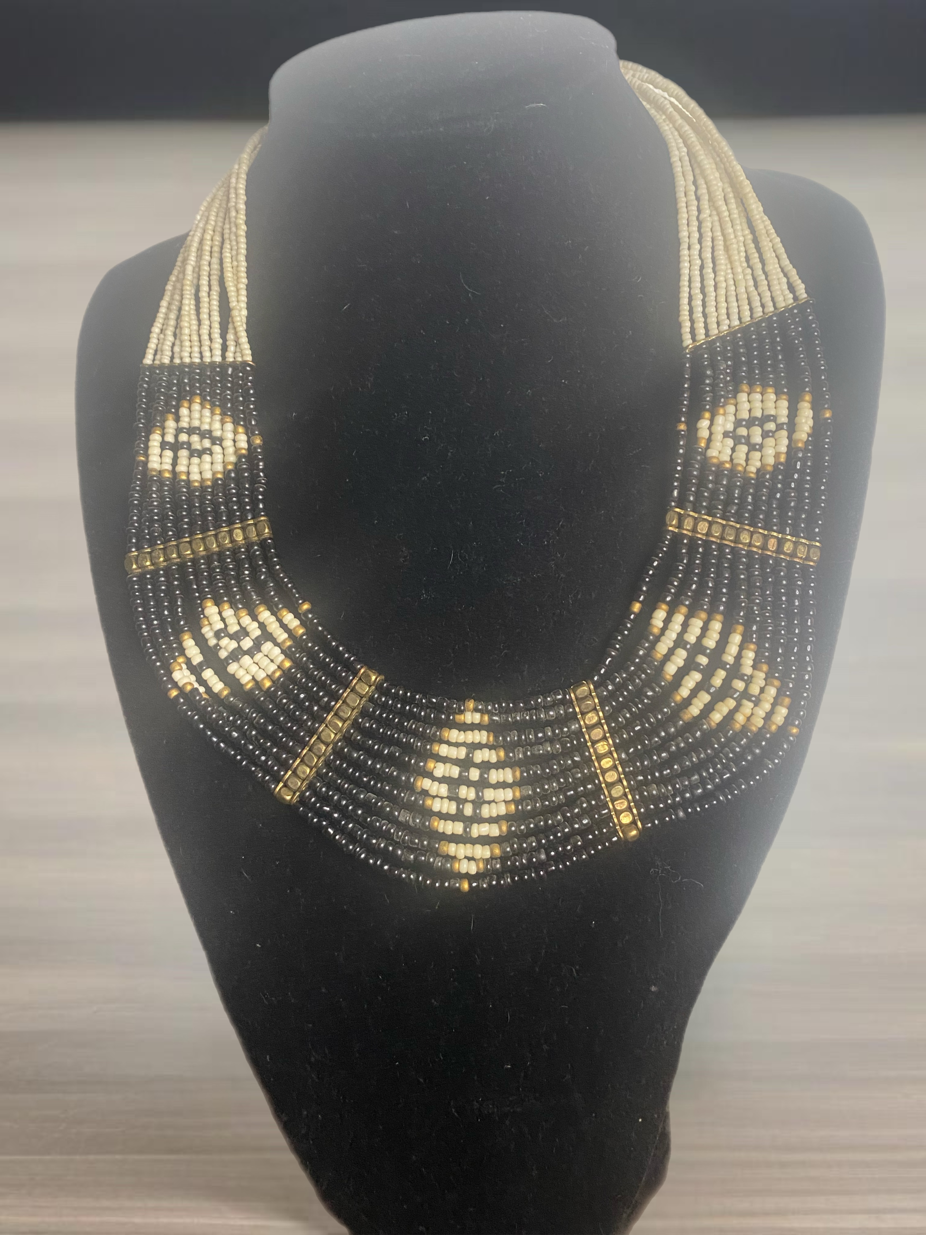 Hopi Handmade Seed Bead Necklace and Earrings Set – Black, Cream, and Gold 