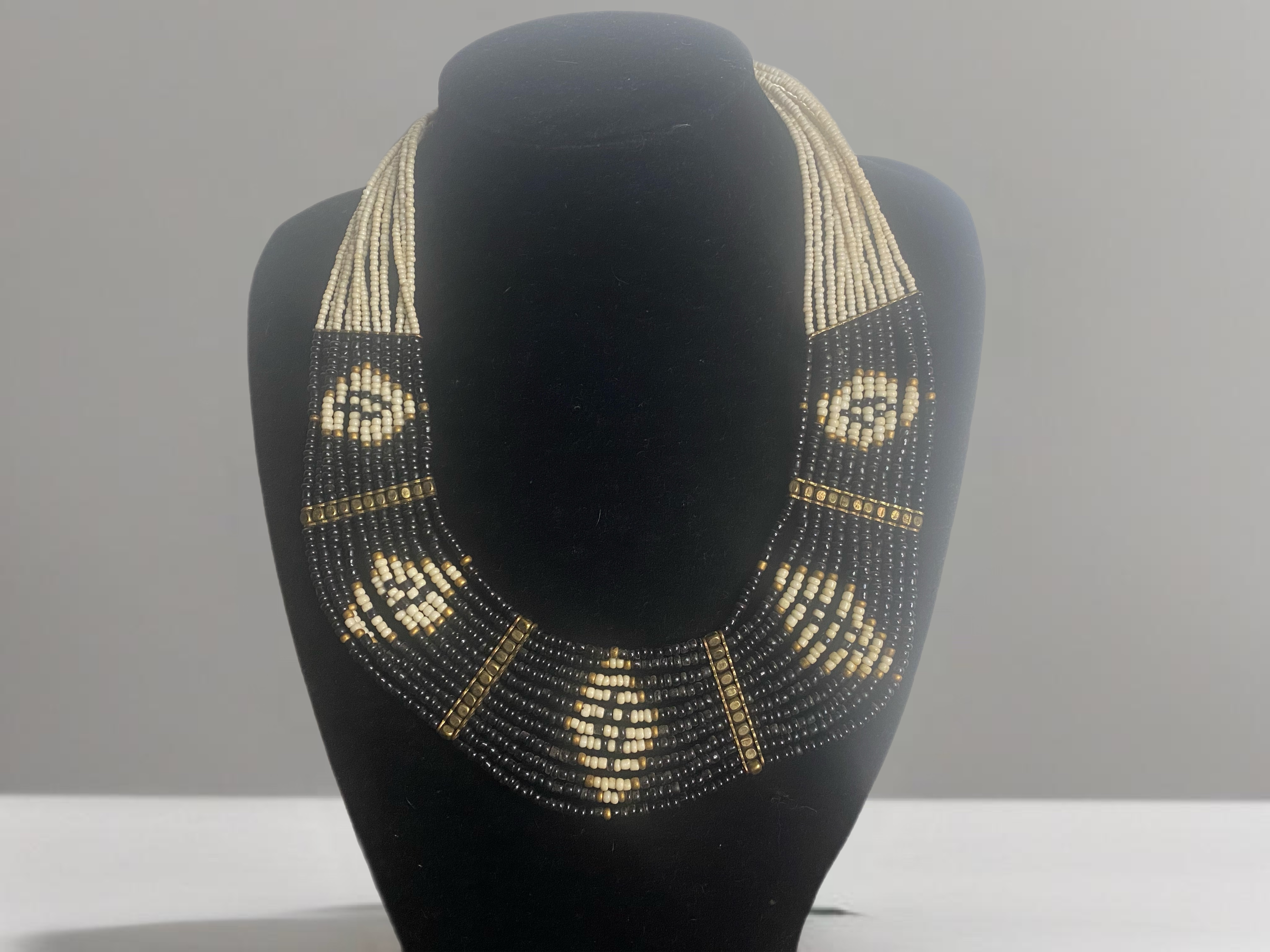 Hopi Handmade Seed Bead Necklace and Earrings Set – Black, Cream, and Gold 