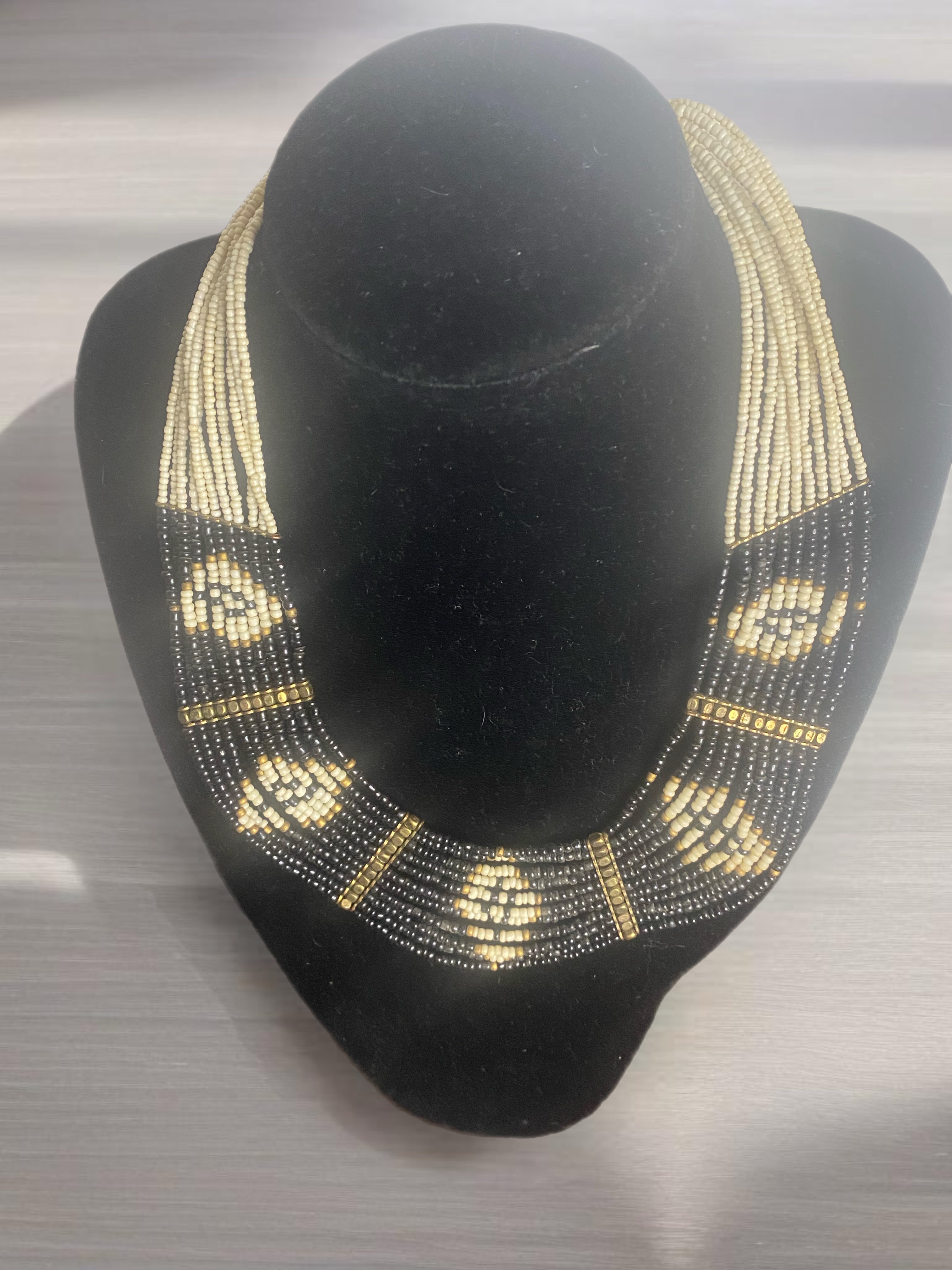 Hopi Handmade Seed Bead Necklace and Earrings Set – Black, Cream, and Gold 