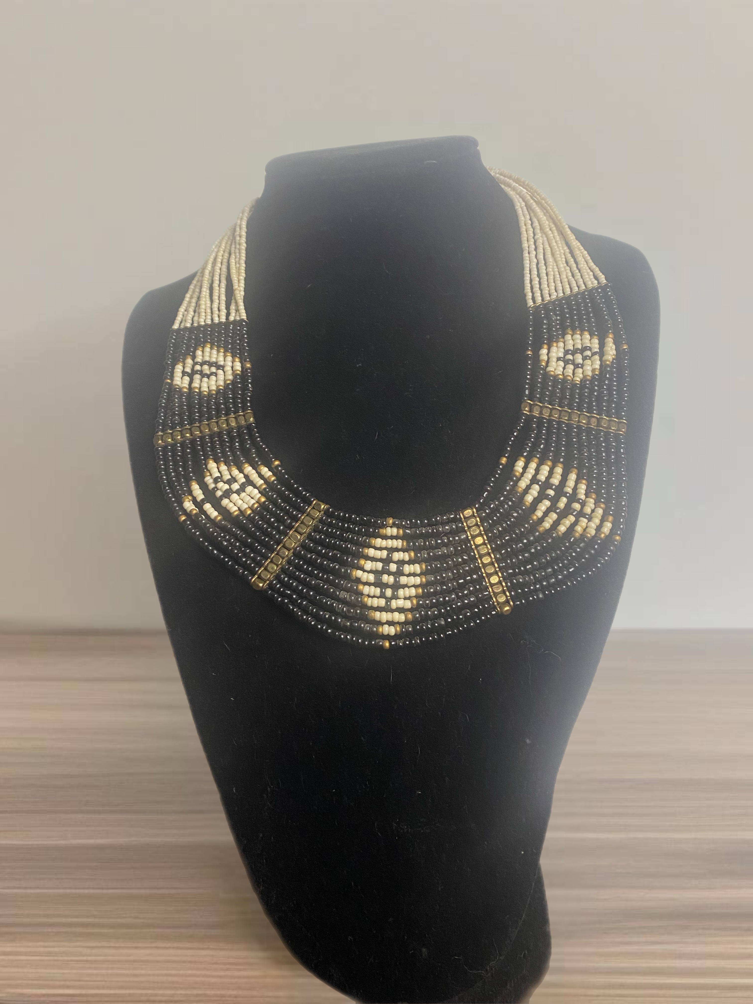 Hopi Handmade Seed Bead Necklace and Earrings Set – Black, Cream, and Gold 