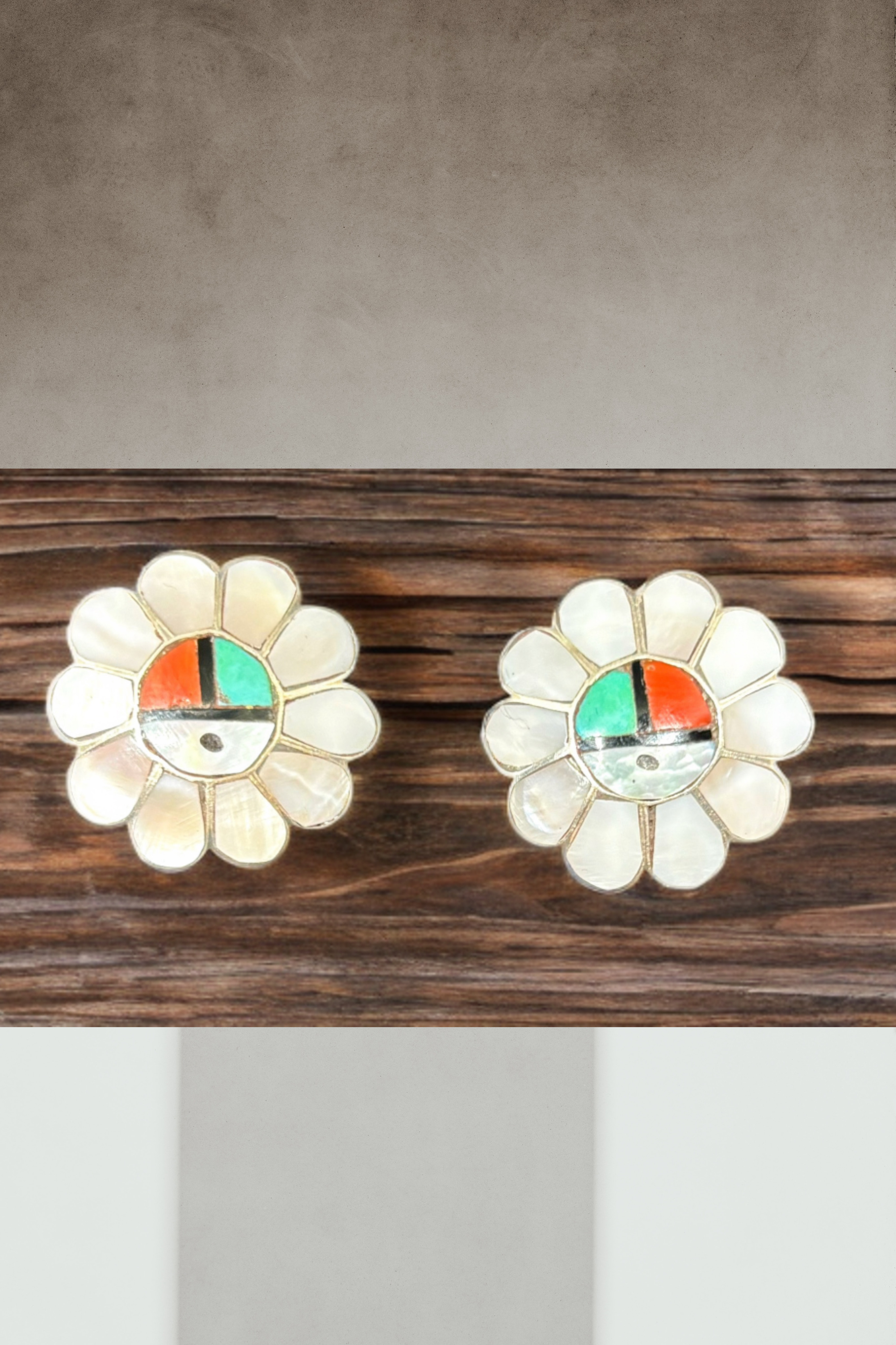 Vintage Native American Zuni Kachina Sun Face Turquoise Coral MOP Silver Earring