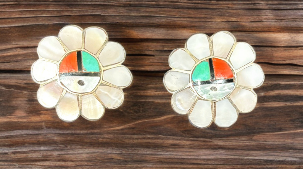 Vintage Native American Zuni Kachina Sun Face Turquoise Coral MOP Silver Earring