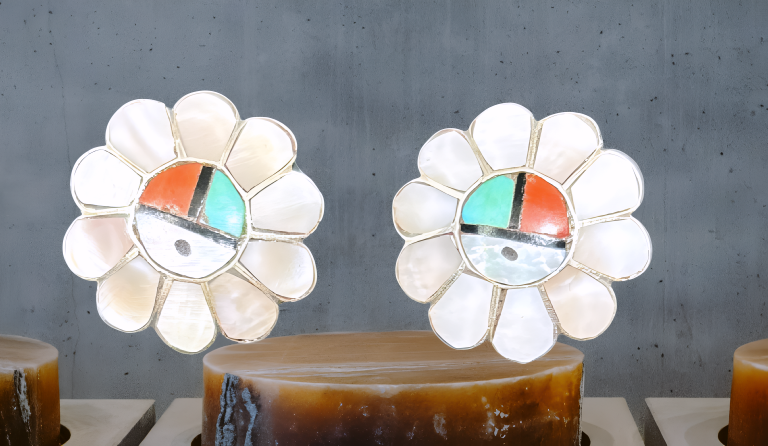 Vintage Native American Zuni Kachina Sun Face Turquoise Coral MOP Silver Earring
