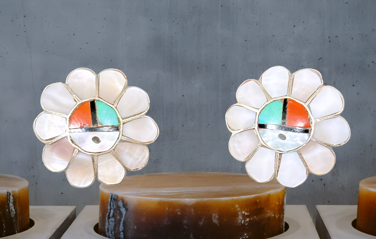 Vintage Native American Zuni Kachina Sun Face Turquoise Coral MOP Silver Earring