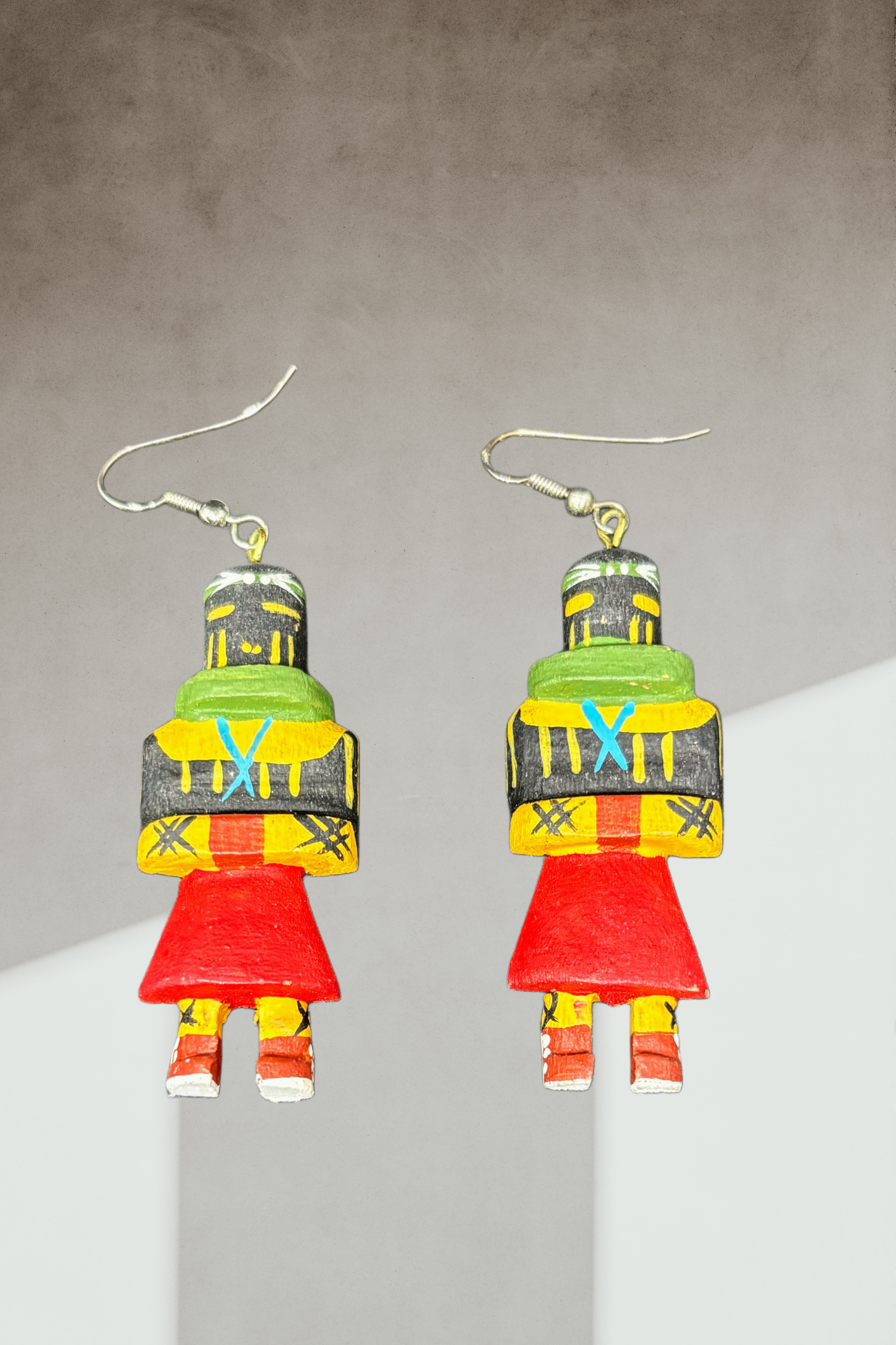 Vintage Hand-Painted Kachina Doll Earrings – Navajo or Hopi Tribal Jewelry