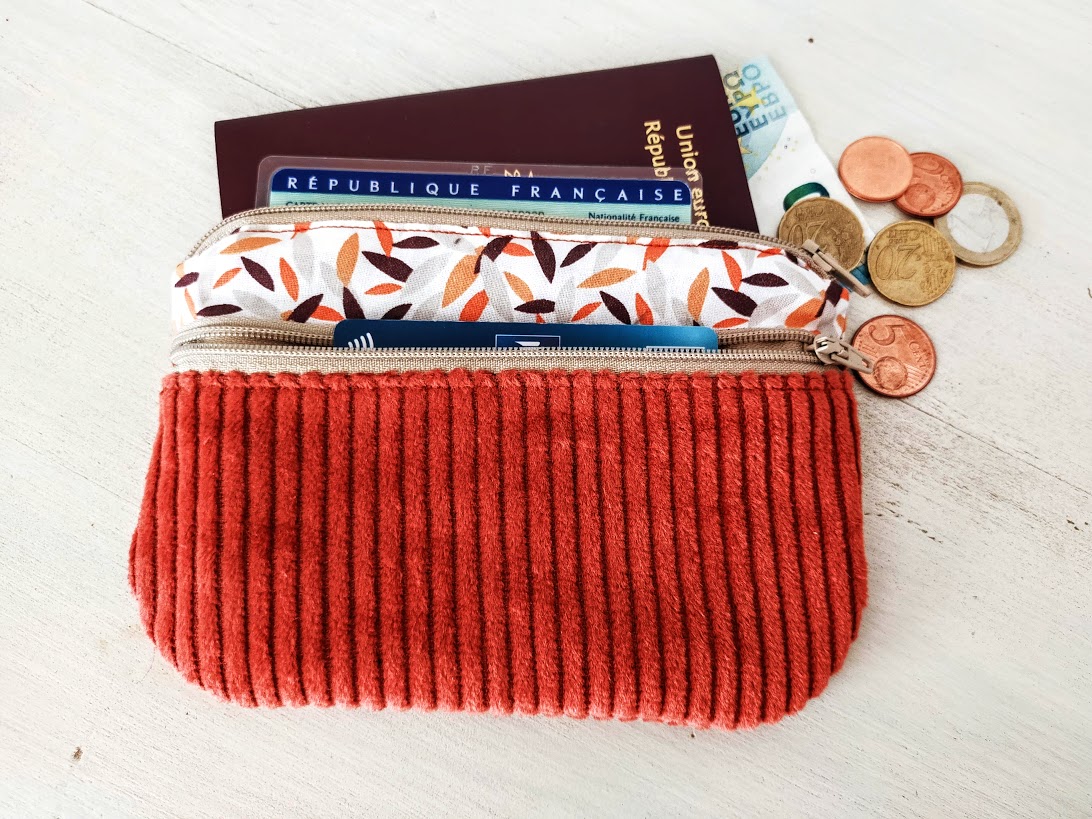 Porte monnaie /  porte cartes feuilles pour femme tissu et velours côtelé, cadeau pour elle