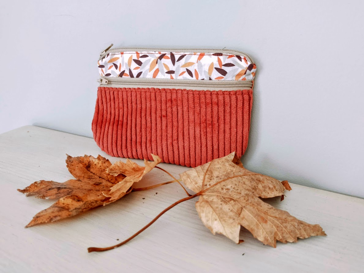 Porte monnaie /  porte cartes feuilles pour femme tissu et velours côtelé, cadeau pour elle