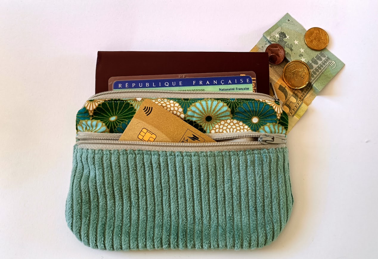 Porte monnaie /  porte cartes, tissu et velours côtelé, cadeau pour femme