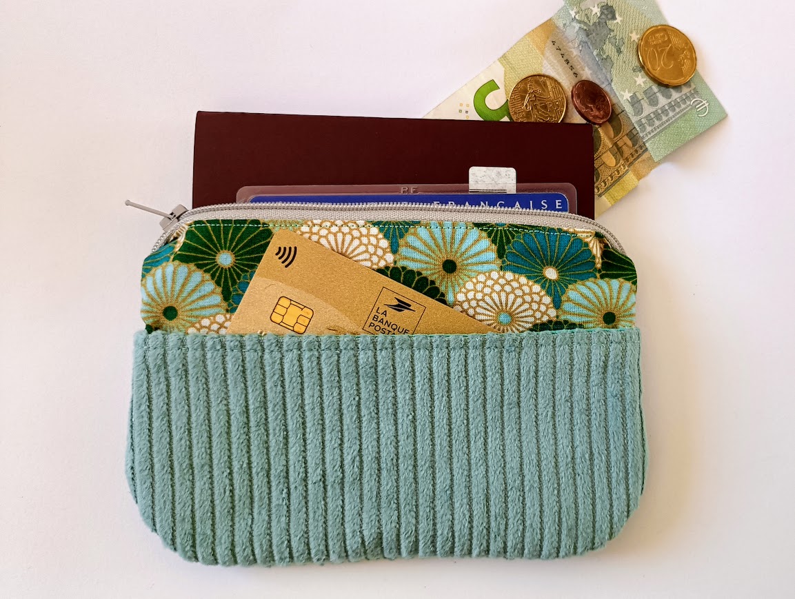 Porte monnaie /  porte cartes, tissu et velours côtelé, cadeau pour femme