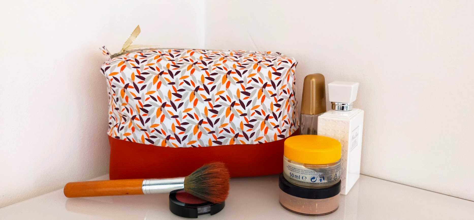 Très grande trousse de toilette / feuillage, orange rouille, velours côtelé, cadeau pour elle
