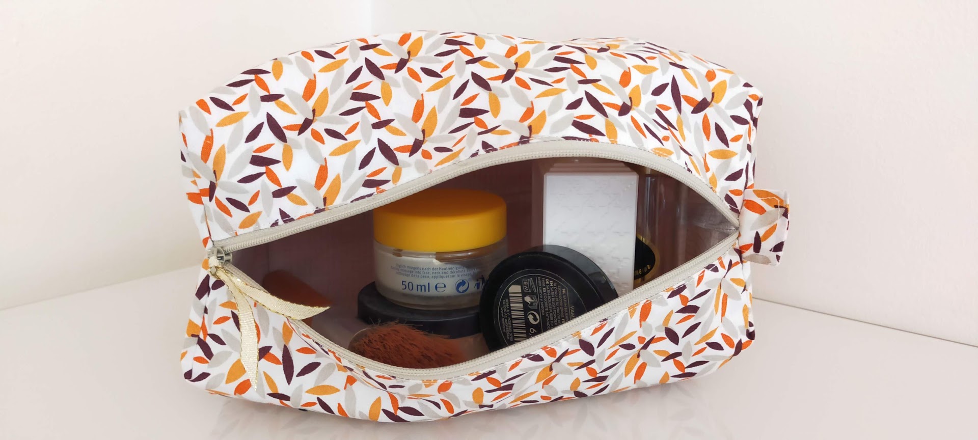 Très grande trousse de toilette / feuillage, orange rouille, velours côtelé, cadeau pour elle