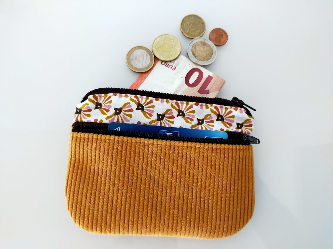 Porte monnaie / porte cartes femme, tissu et velours côtelé moutarde