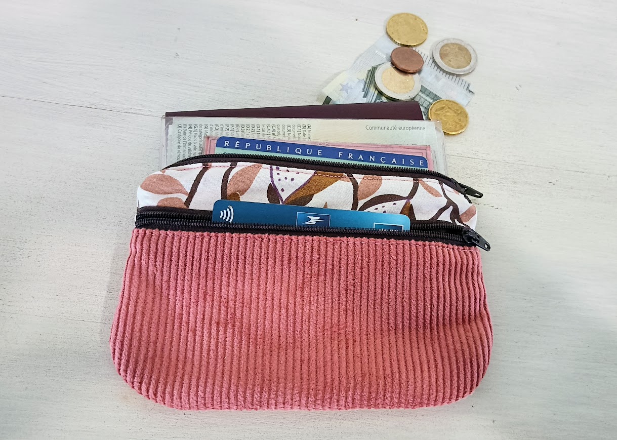Porte monnaie /  porte cartes femme, tissu et velours côtelé