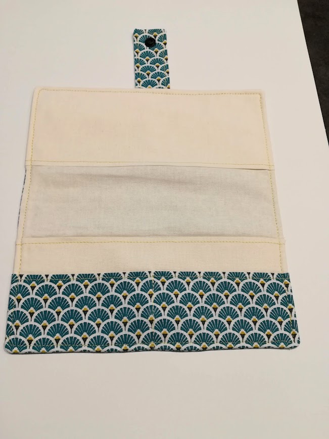 Porte chéquier / porte cartes tissu coton éventails vert émeraude et ocre, cadeau pour elle