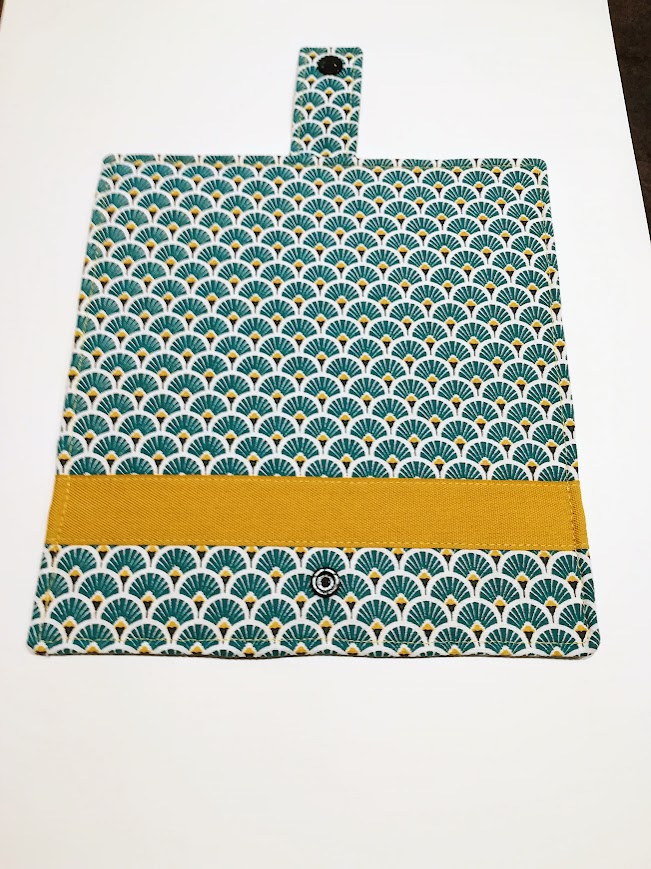 Porte chéquier / porte cartes tissu coton éventails vert émeraude et ocre, cadeau pour elle
