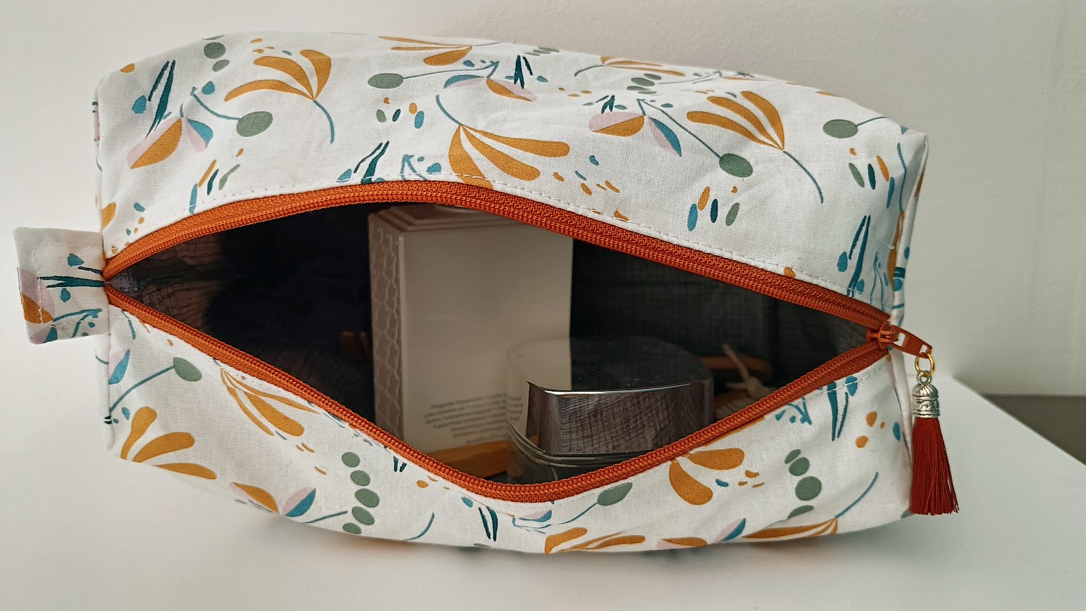 Très grande trousse de toilette, tissu coton et velours côtelé caramel, cadeau pour elle