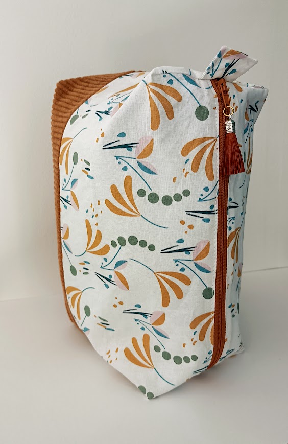 Très grande trousse de toilette, tissu coton et velours côtelé caramel, cadeau pour elle