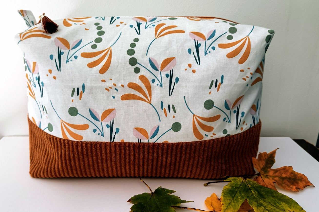 Très grande trousse de toilette, tissu coton et velours côtelé caramel, cadeau pour elle