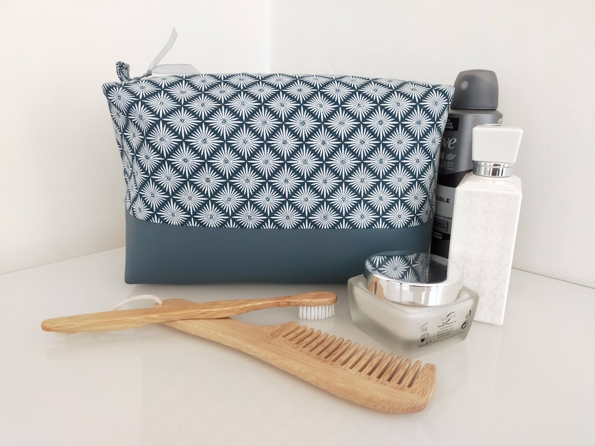 Très grande trousse de toilette pour homme et femme  tissu coton et simili cuir, bleu, cadeau pour elle, pour lui