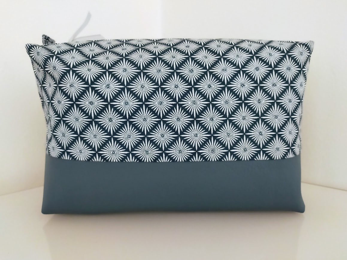 Très grande trousse de toilette pour homme et femme  tissu coton et simili cuir, bleu, cadeau pour elle, pour lui