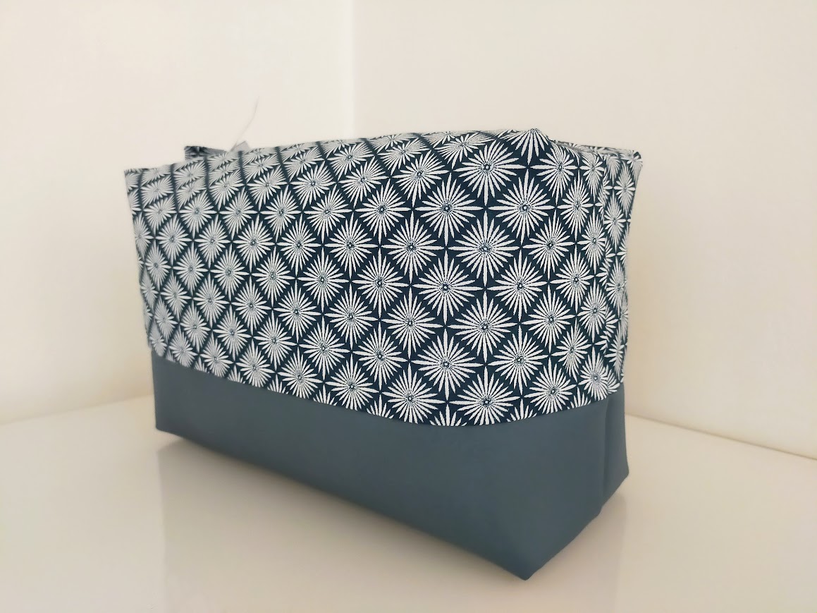 Très grande trousse de toilette pour homme et femme  tissu coton et simili cuir, bleu, cadeau pour elle, pour lui