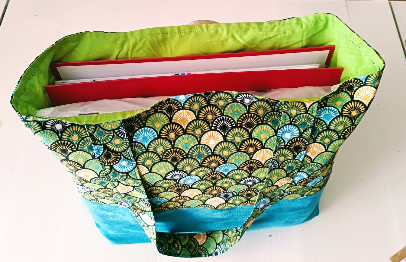 Sac tissu, Tote bag, sac de plage, fourre tout, cabas, tissu coton éventail vert  et suédine vert canard