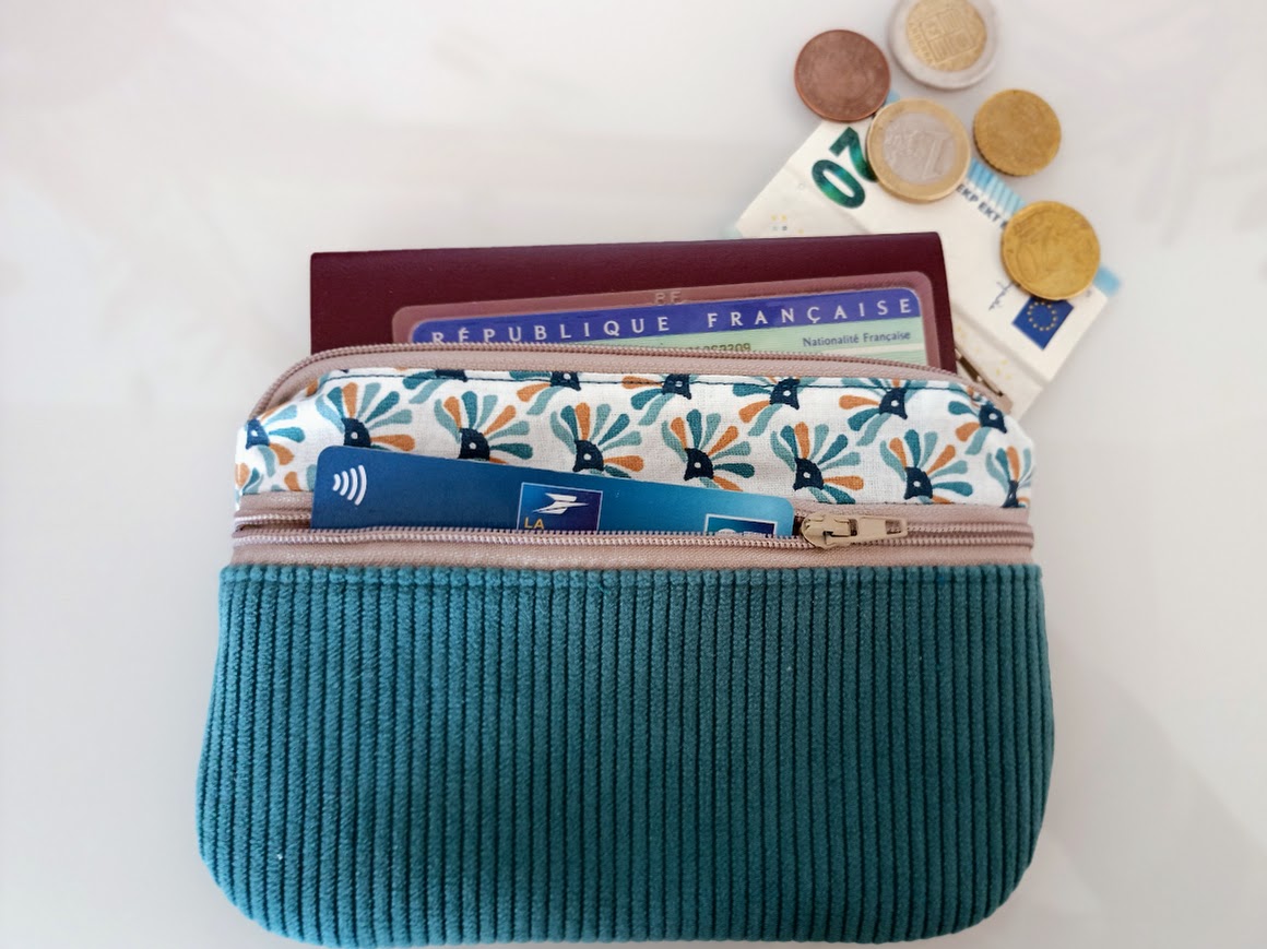 Porte monnaie /  porte cartes femme, cadeau pour elle, tissu et velours côtelé, cadeau pour elle