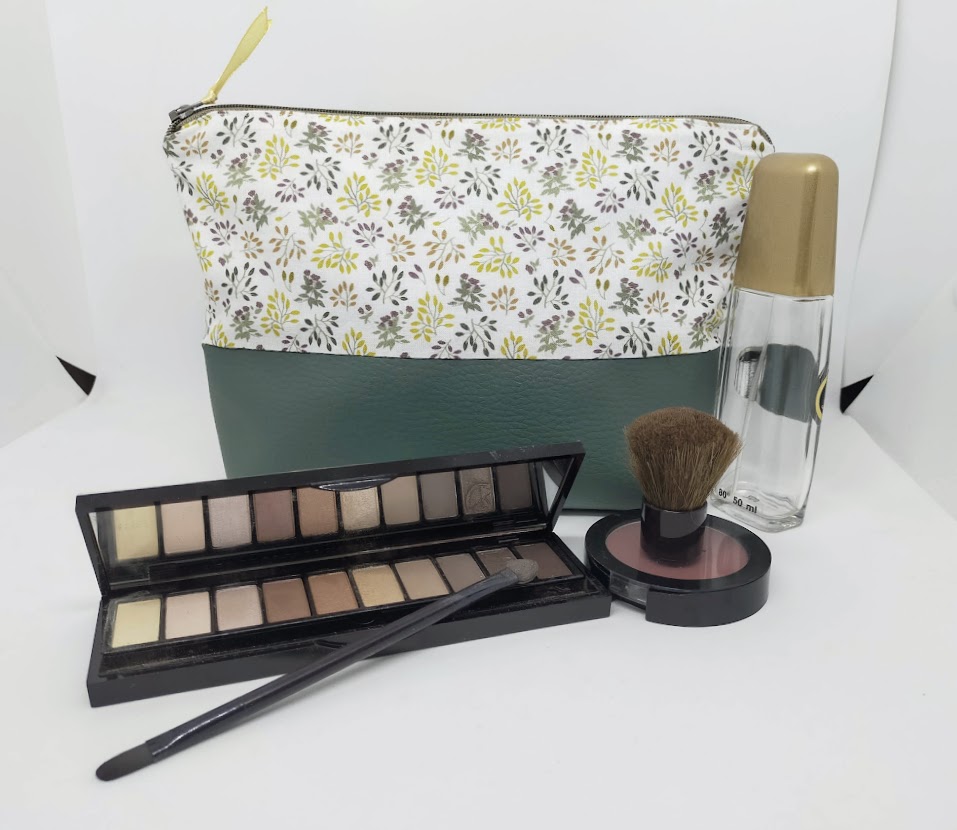 trousse de maquillage / trousse de de toilette herbier, simili cuir vert olive et tissu coton, cadeau pour elle