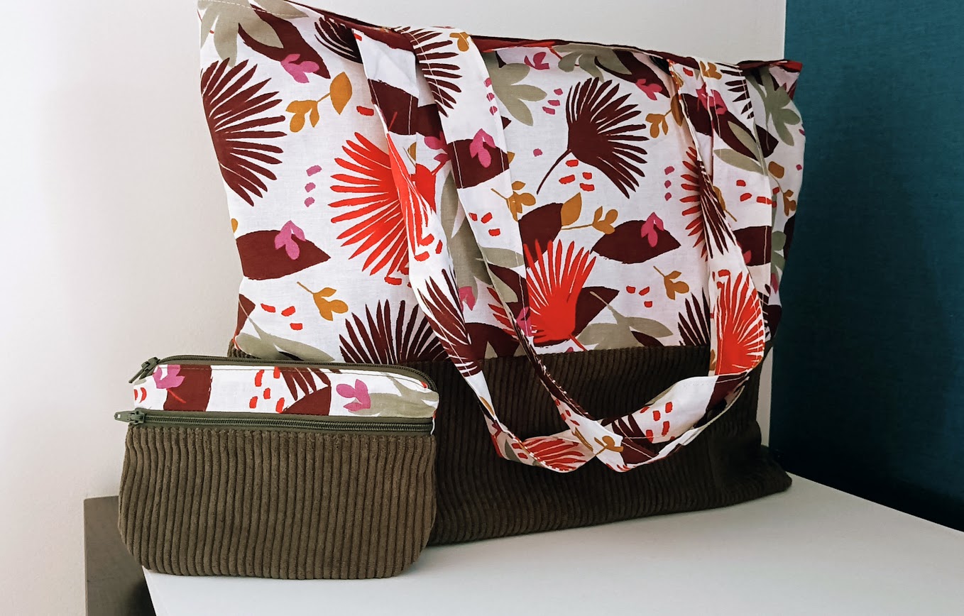 Sac tissu, Tote bag, sac de plage, fourre tout, cabas, tissu coton et velours côtelé vert kaki, cadeau pour elle