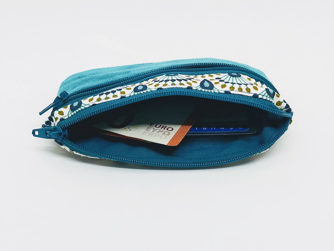 Porte monnaie  /  porte cartes femme, tissu coton et suédine , vert aqua, cadeau pour elle