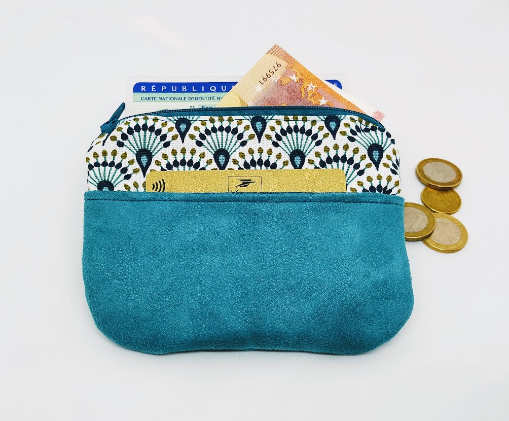 Porte monnaie  /  porte cartes femme, tissu coton et suédine , vert aqua, cadeau pour elle