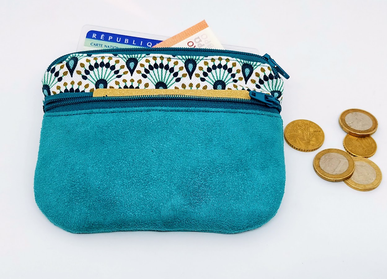 Porte monnaie  /  porte cartes femme, tissu coton et suédine , vert aqua, cadeau pour elle