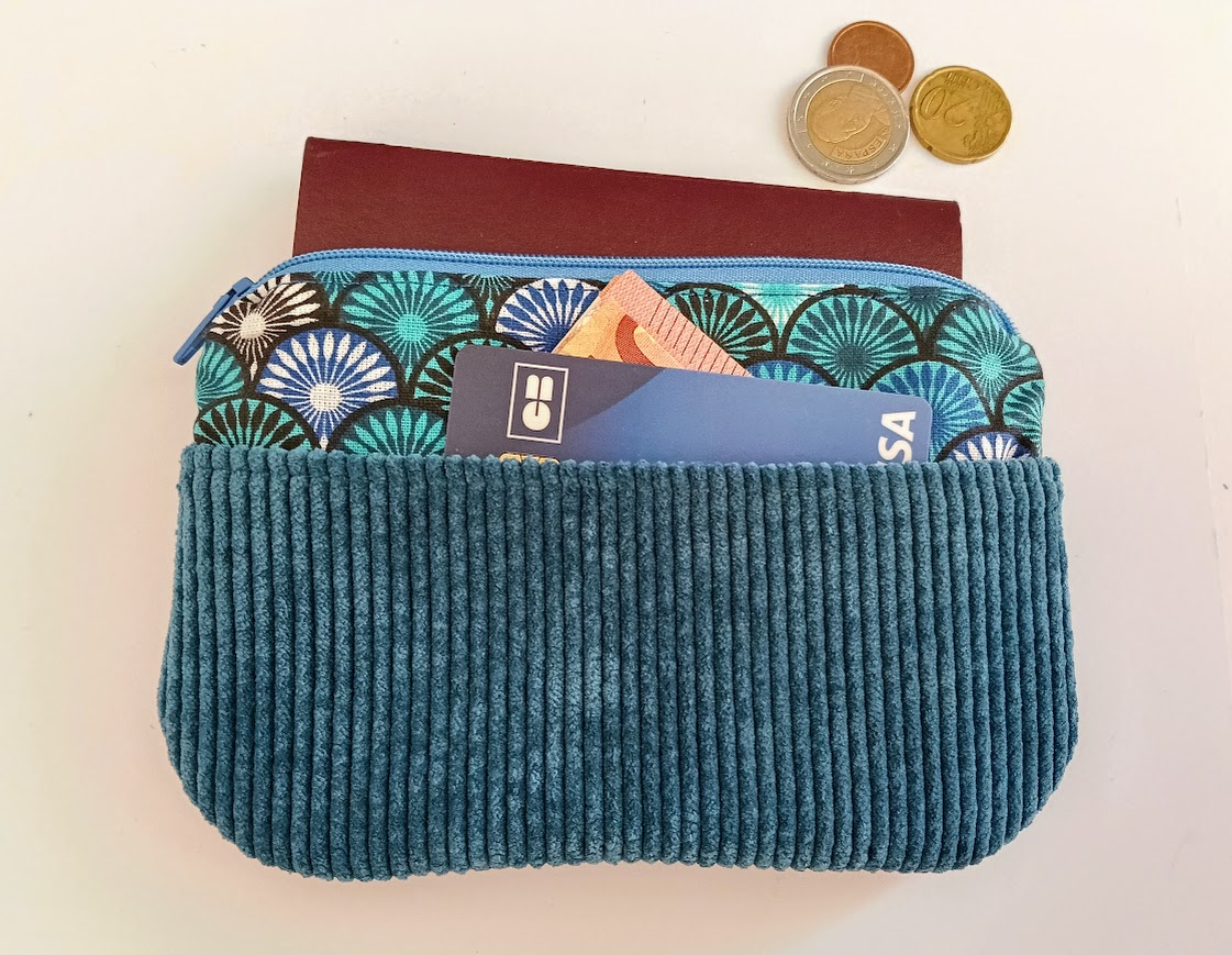 Porte monnaie /  porte cartes, tissu coton et velours côtelé bleu pétrole, cadeau pour femme