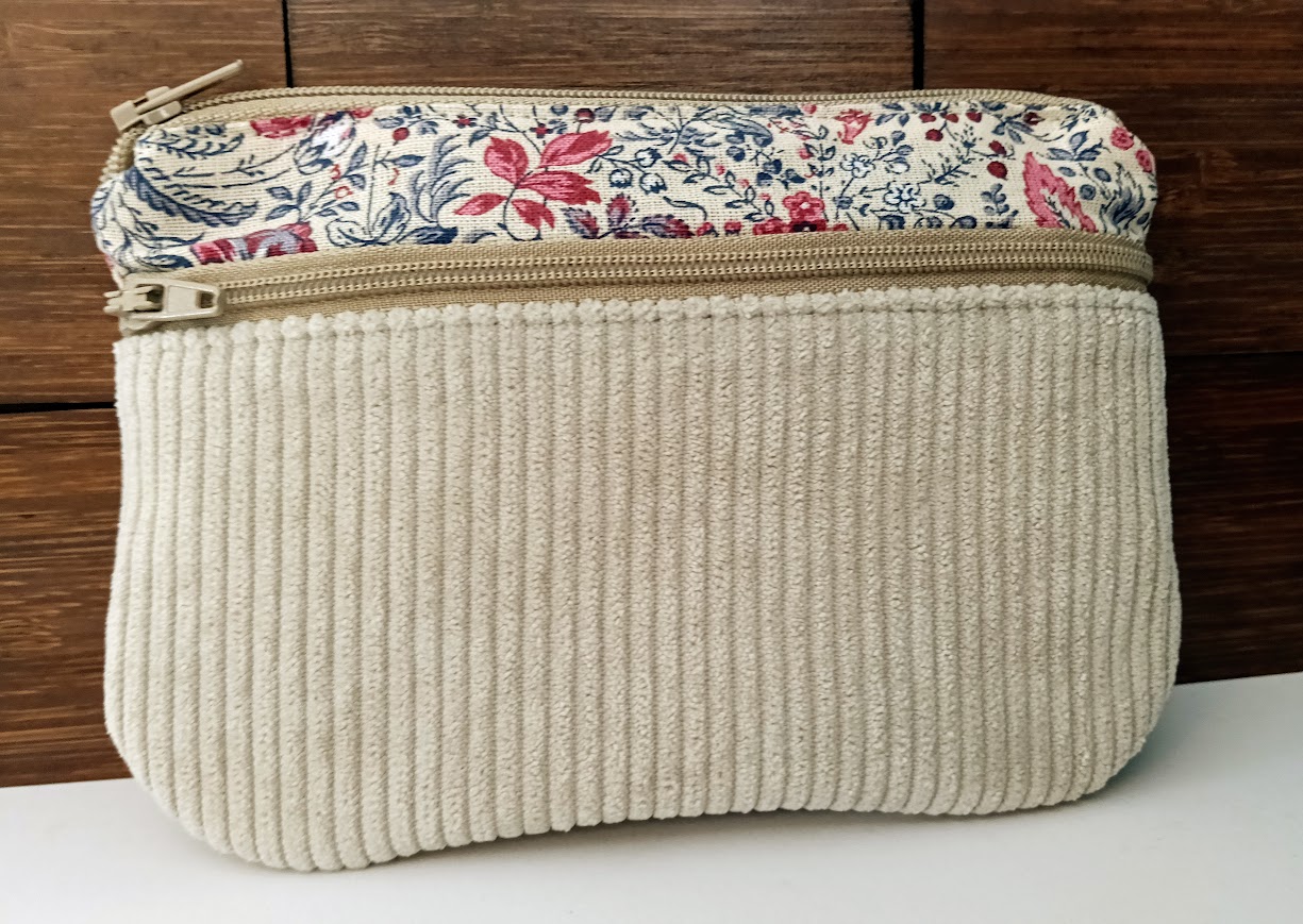 Porte monnaie / porte cartes, tissu floral et velours côtelé écru naturel, cadeau pour femme