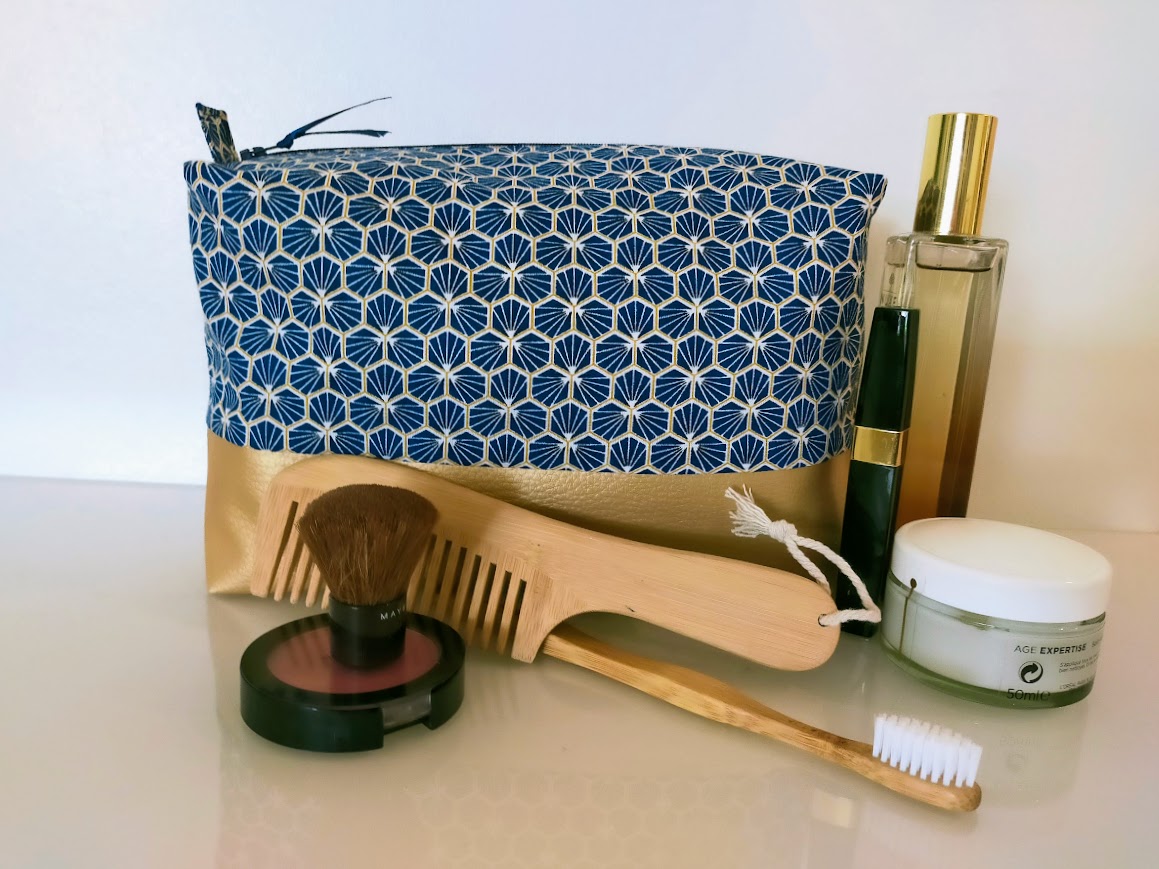 Très grande trousse de toilette, homme, femme tissu coton, simili cuir doré, cadeau pour elle