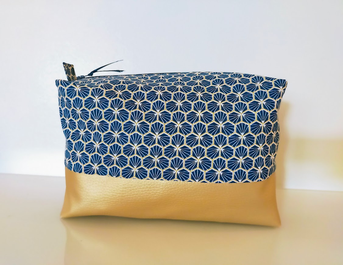 Très grande trousse de toilette, homme, femme tissu coton, simili cuir doré, cadeau pour elle