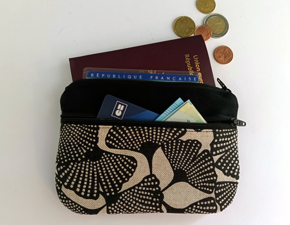 Porte monnaie / porte cartes tissu, 3 poches zippées, coton feuilles de ginkgo biloba, cadeau pour elle, pour lui