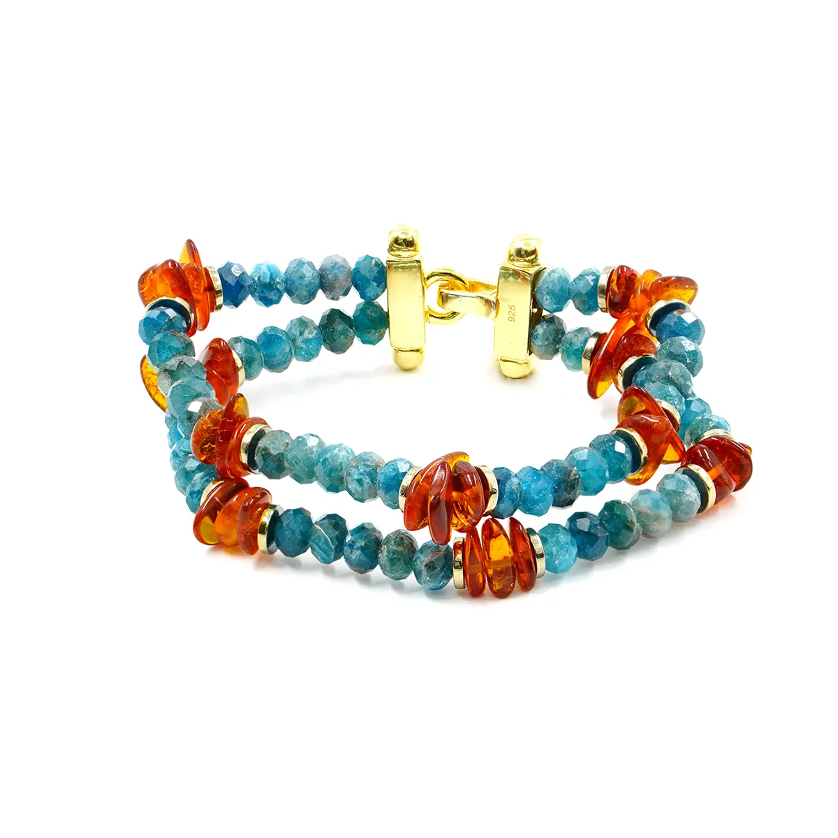 Bracciale multifilo in argento con pietre (apatite ed ambra)