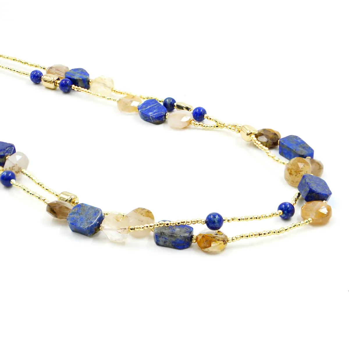Collana Multifilo in argento con pietre (lapis, quarzo rutilato ed ematite dorata)