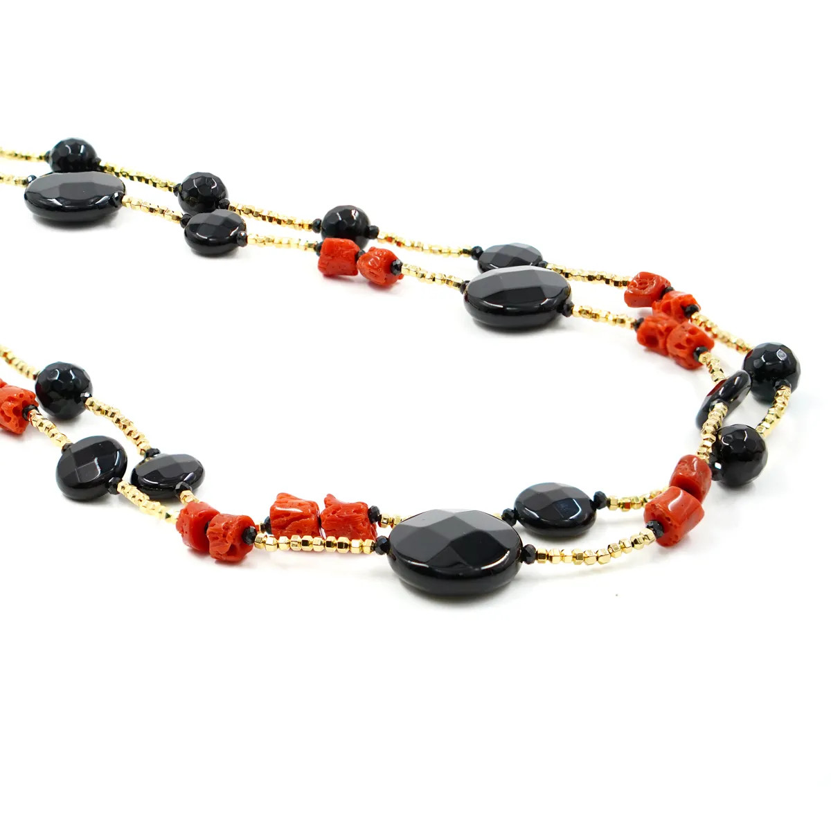 Collana Multifilo in argento con pietre (ematite dorata, corallo, agata nera e spinello)