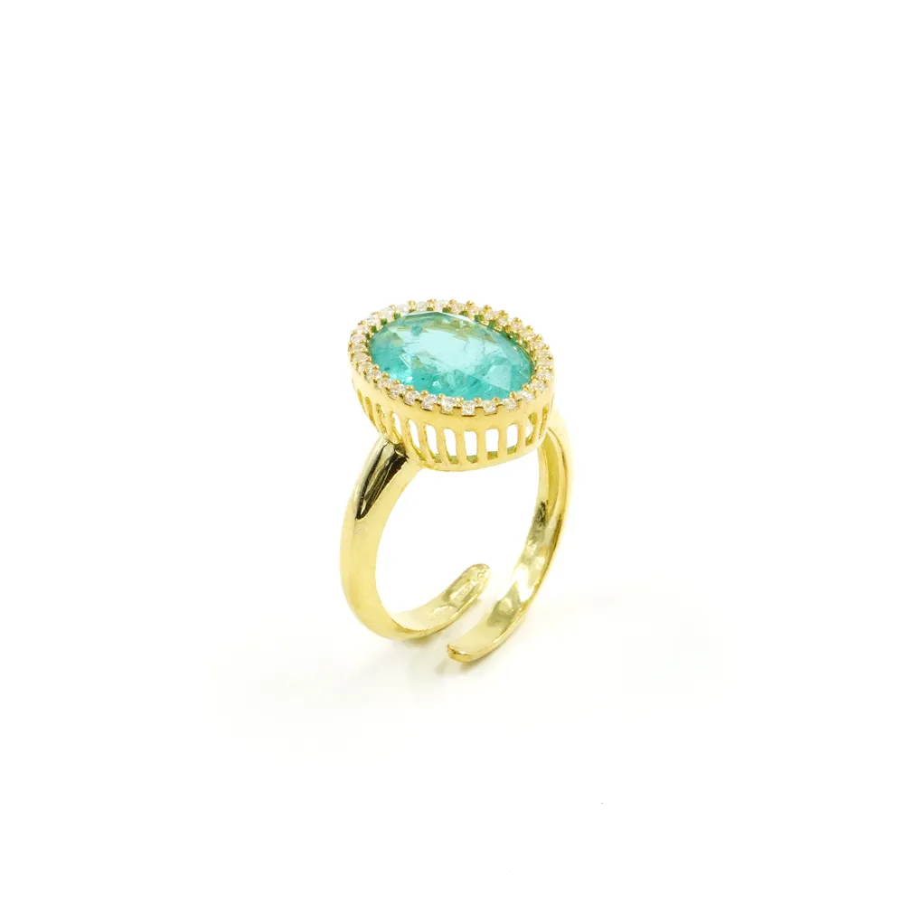Anello in argento 925 con zirconi e cristallo colore verde paraiba