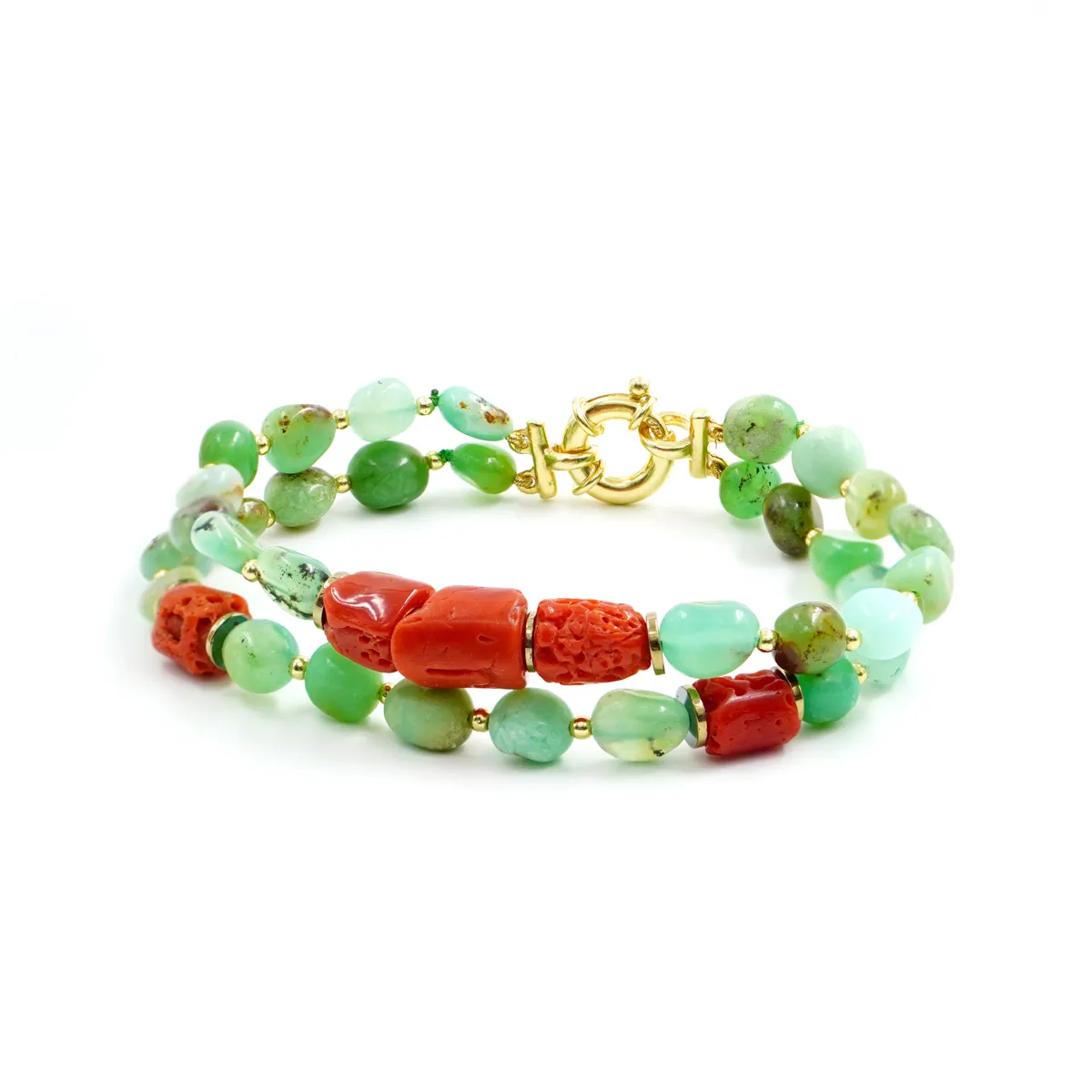 Bracciale multifilo in argento con pietre (crisoprasio, corallo ed ematite)
