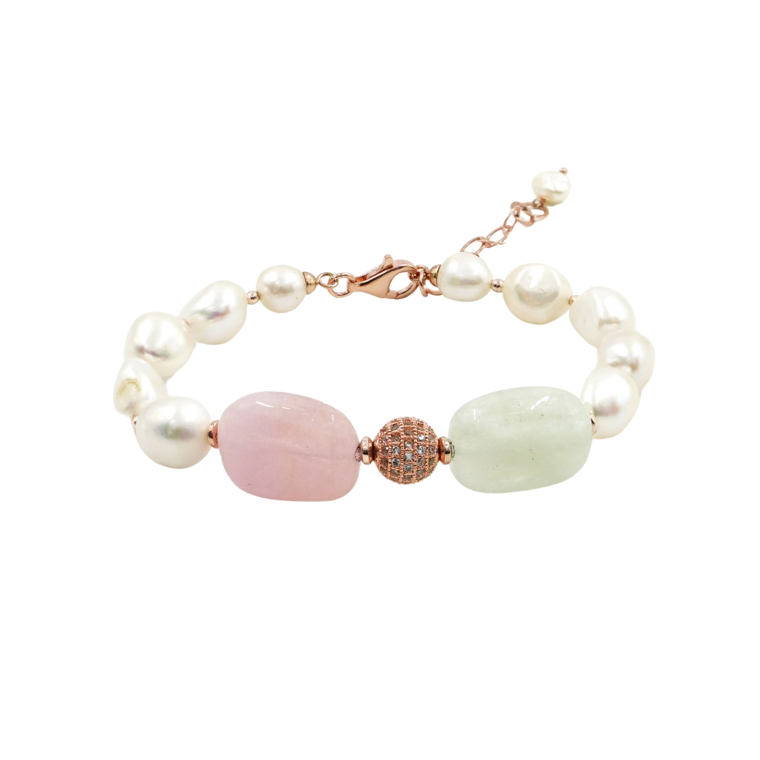 Bracciale in argento 925 con perle, ematite, berillo ed elemento in ottone con zirconi