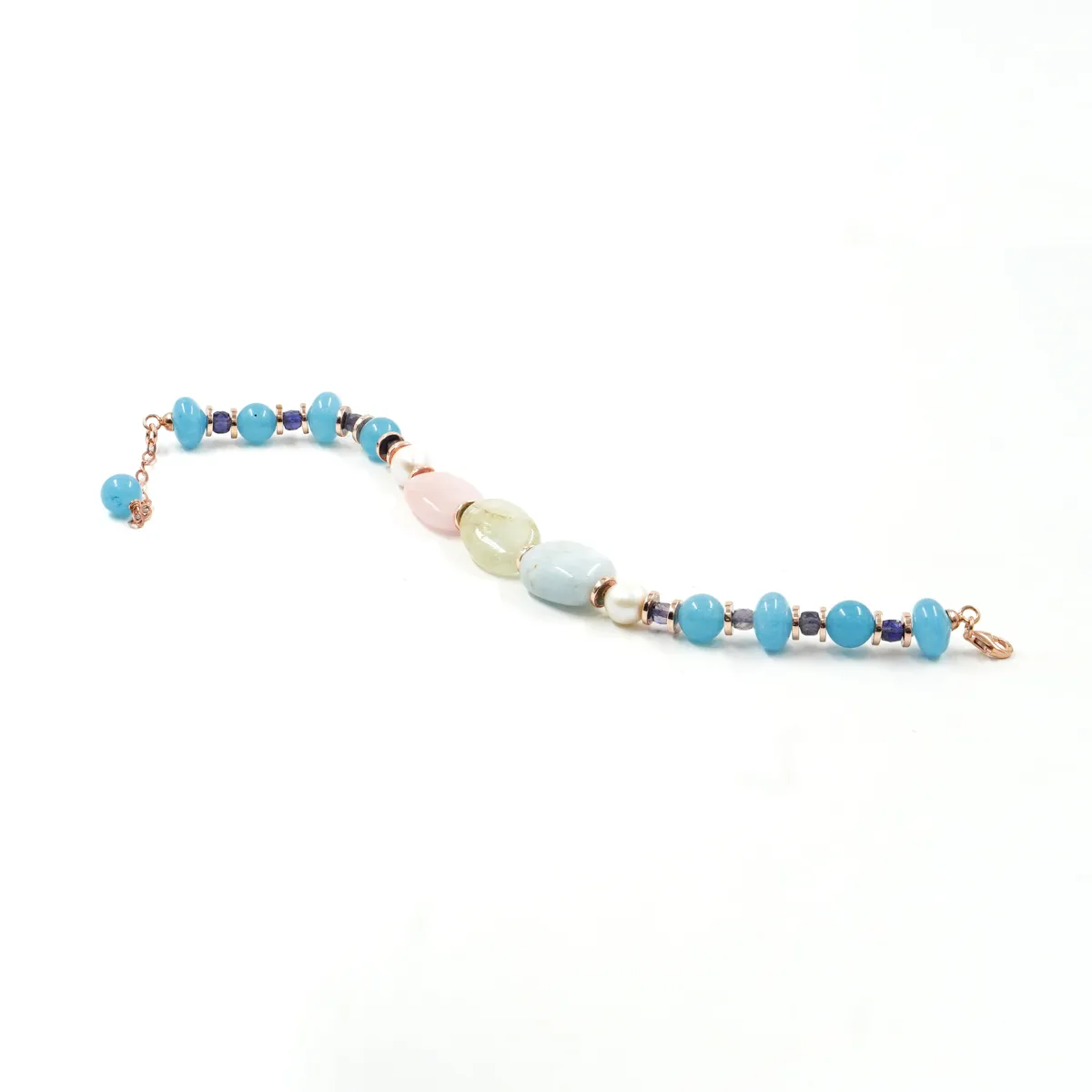 Bracciale in argento 925 con pietre (quarzo spugna azzurro, berillo, iolite e perla)