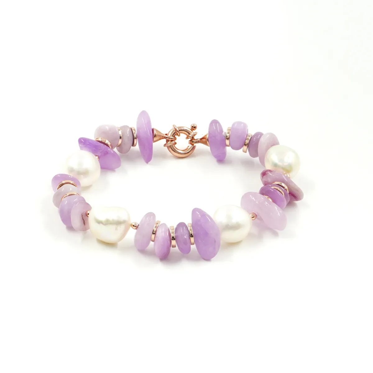 Bracciale in argento con pietre (kunzite, perla d’acqua dolce ed ematite)
