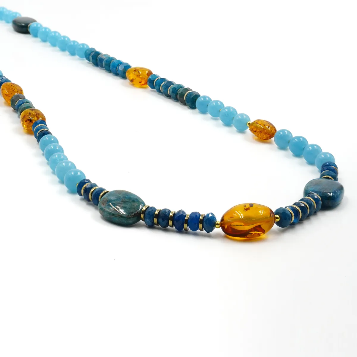 Collana in argento 925 con pietre (quarzo spugna azzurro, apatite, ambra ed ematite)