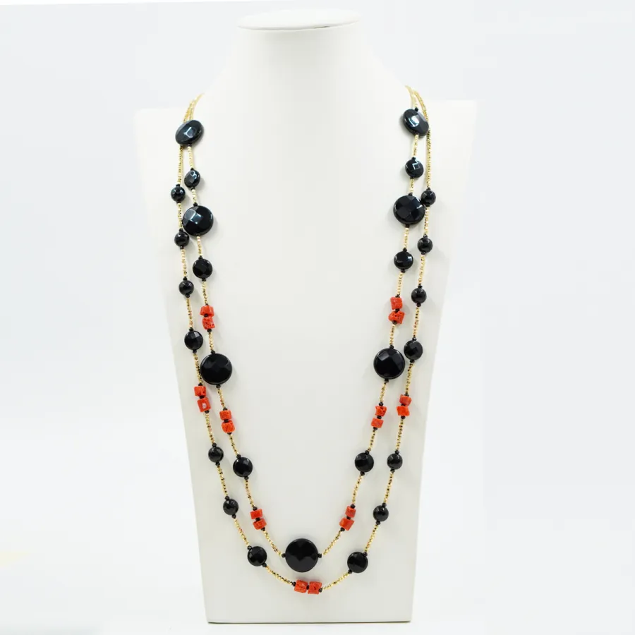 Collana Multifilo in argento con pietre (ematite dorata, corallo, agata nera e spinello)